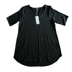Eileen Fisher Black V-neck Tunic Top Above Elbow Sleeve Round Hem Women Medium